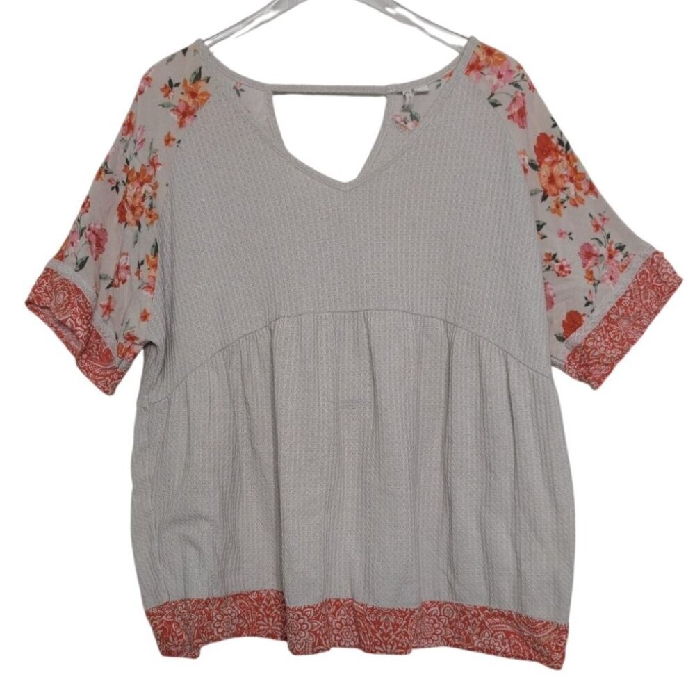 Cato Waffle Knit Floral Babydoll Shirt Womens Size XL Cream Orange Stretch Boho